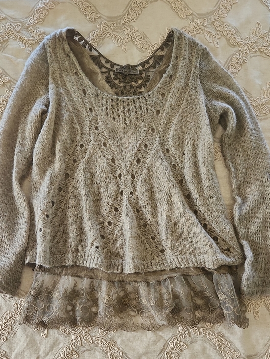 Tempo Paris Sweaters - Tempo Paris Beige Open-Knit Scoop Neck Sweater with Lace Trim